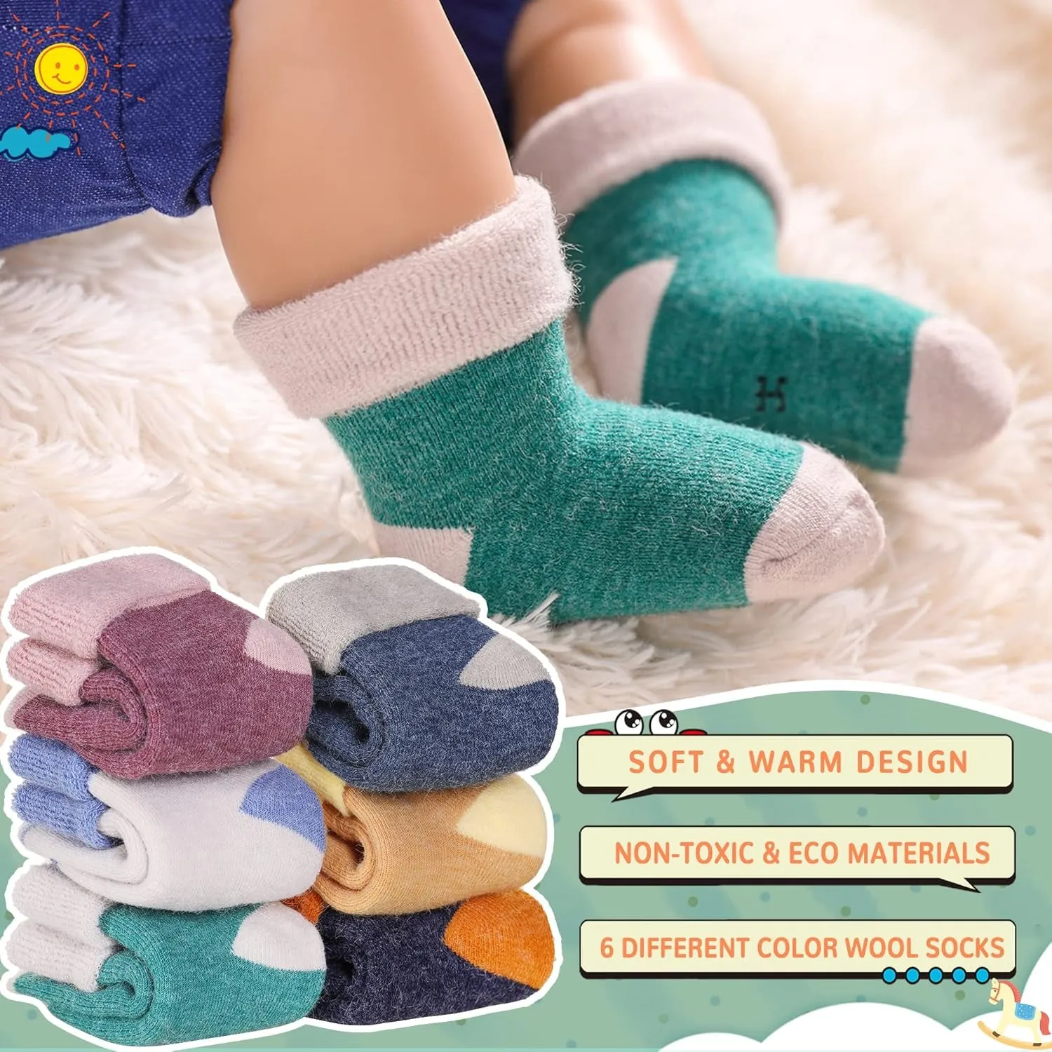 6 Pairs Children'S Winter Thick Warm Wool Socks Soft Kids Toddler Baby Girls Boy Thermal Crew Socks