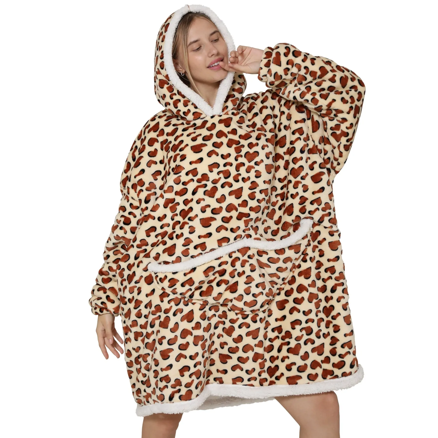 Adults Leopard Print Oversized Plush Blanket Hoodie