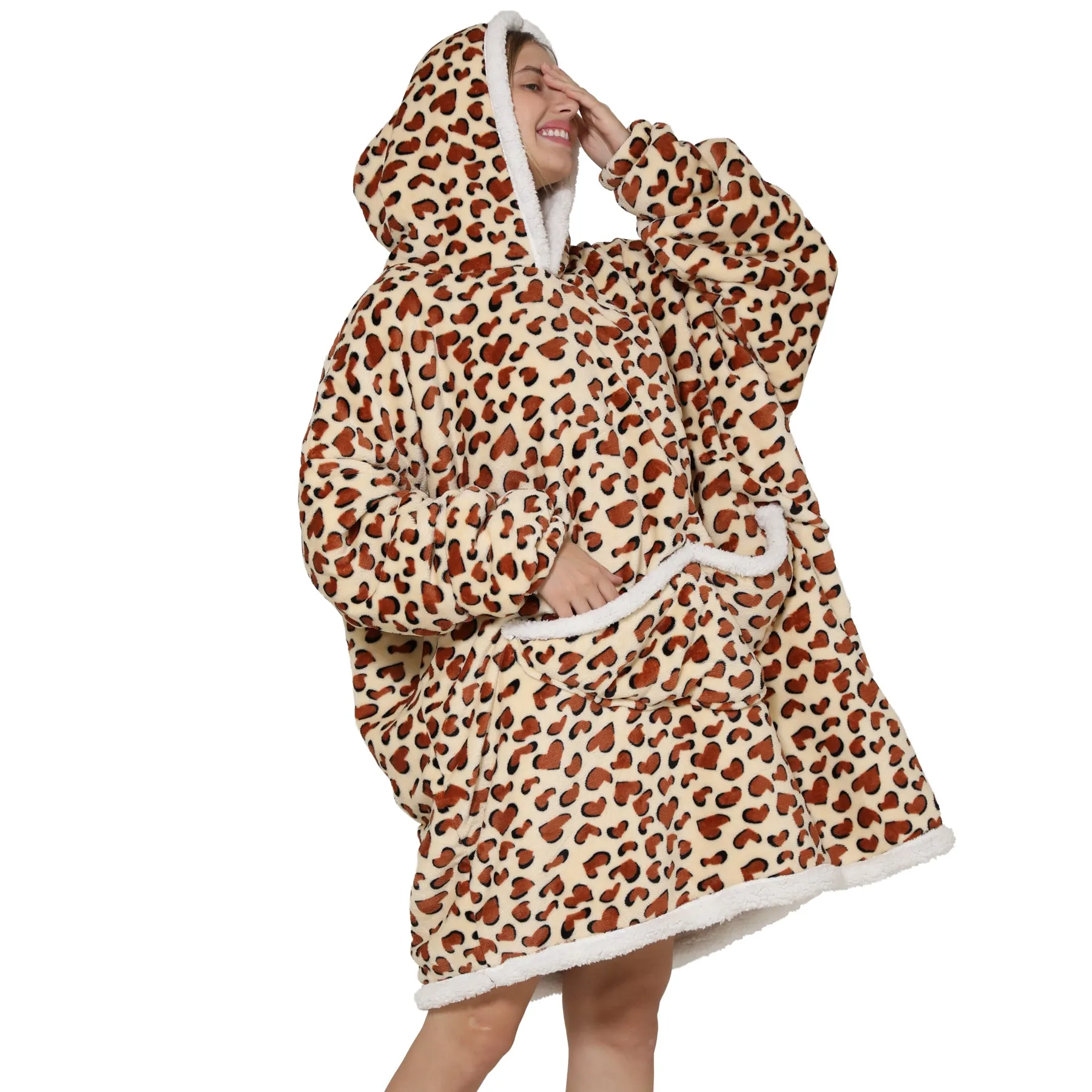 Adults Leopard Print Oversized Plush Blanket Hoodie