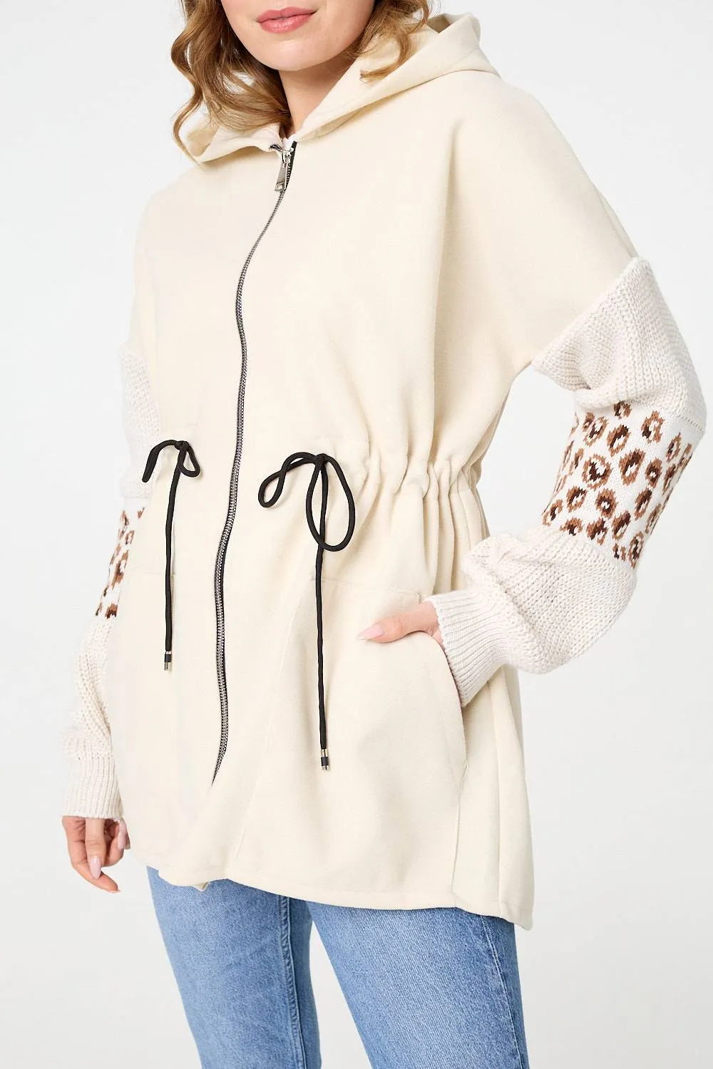 Animal Print Zip Front Relaxed Hoodie