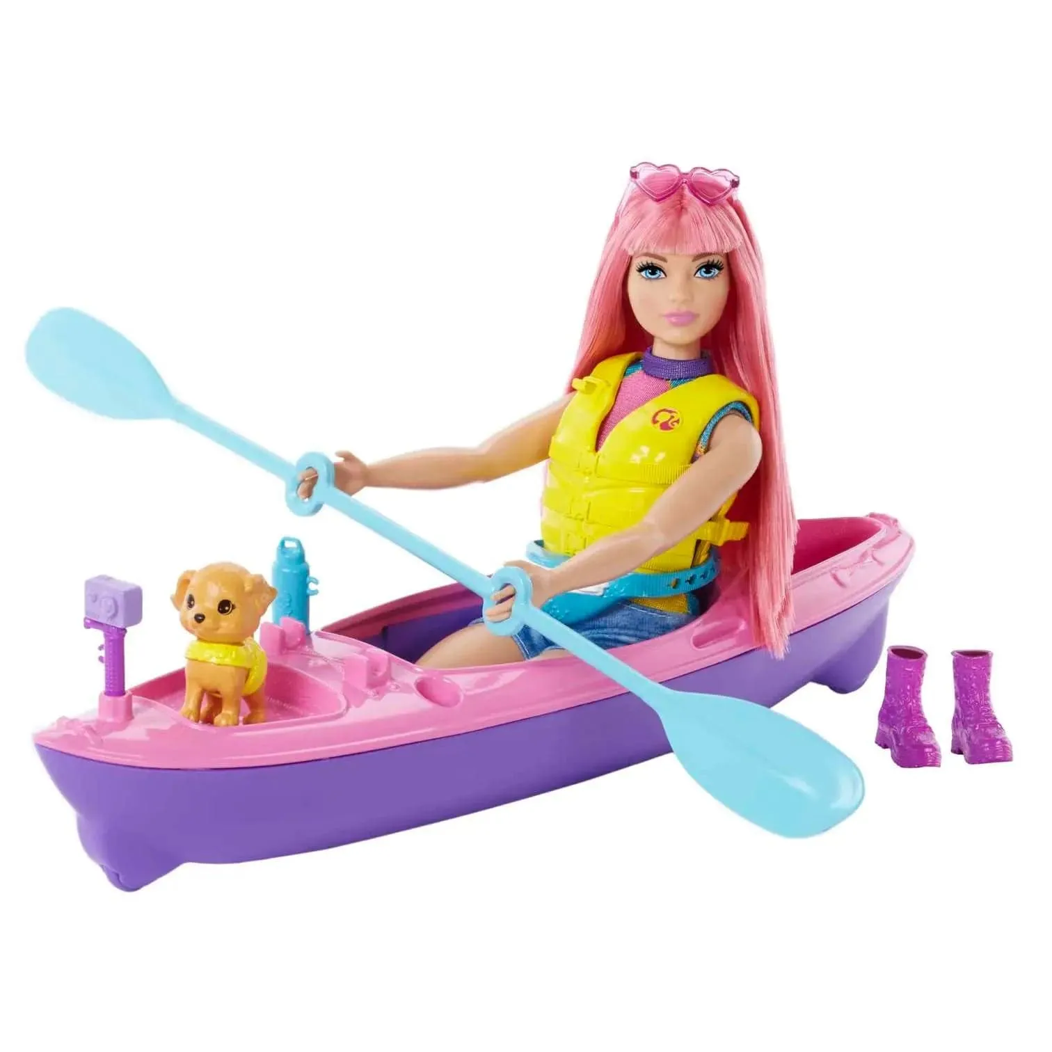 Barbie Daisy Doll Camping Playset Kayak Puppy Canoe Life Vest