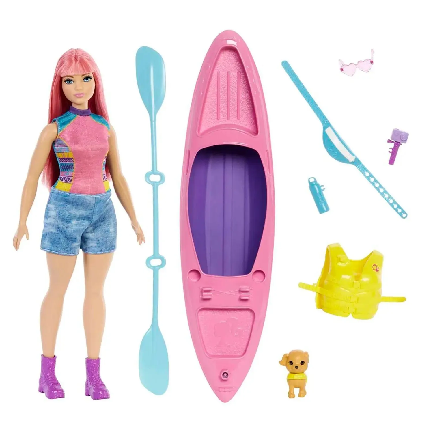 Barbie Daisy Doll Camping Playset Kayak Puppy Canoe Life Vest