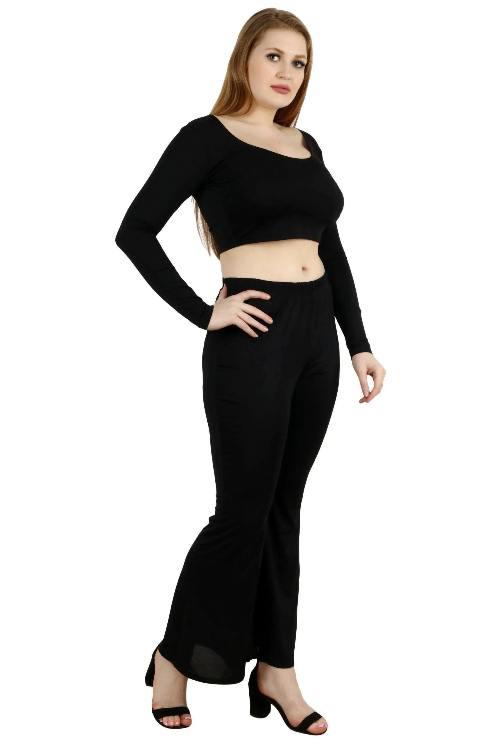 Black Solid Crop Top with Flared Pants