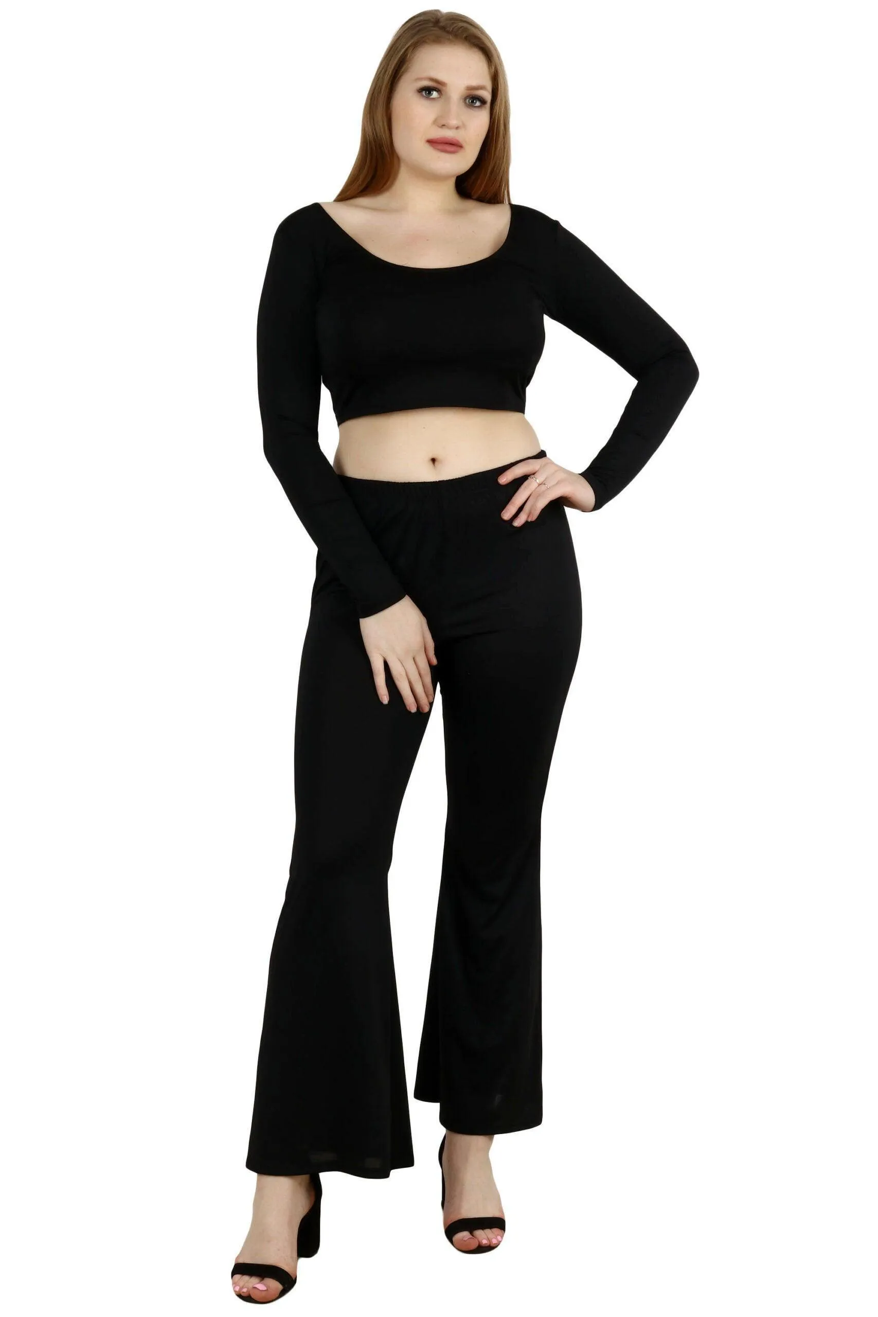 Black Solid Crop Top with Flared Pants