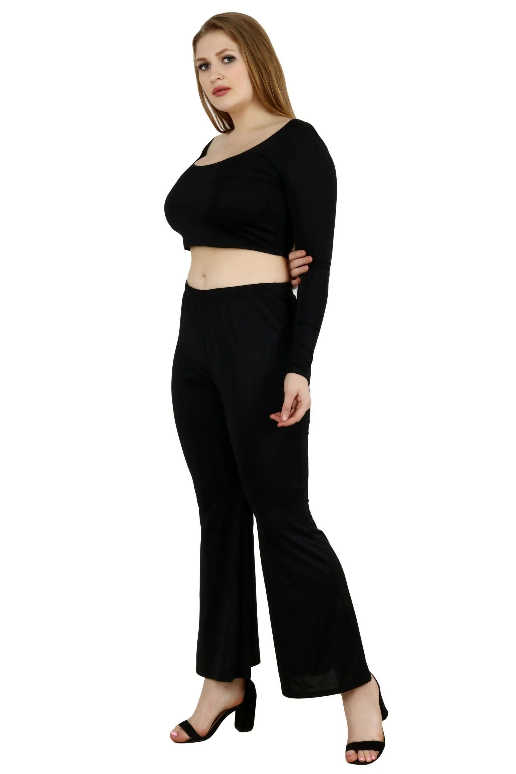 Black Solid Crop Top with Flared Pants