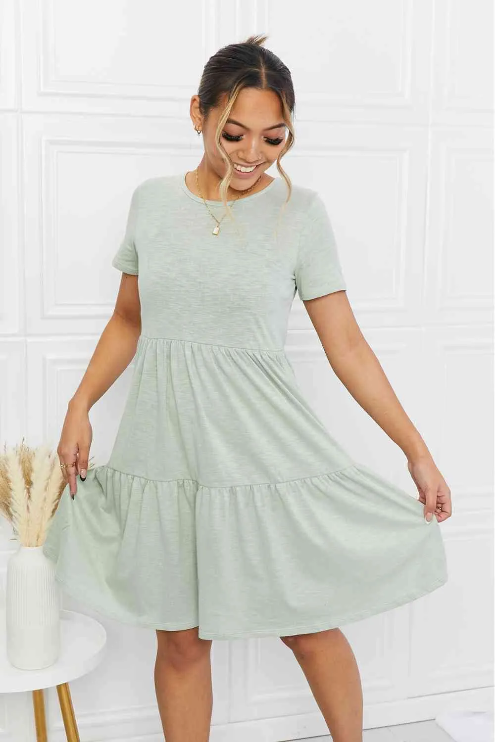 BOMBOM Short Sleeve Round Neck Tiered Tee Dress