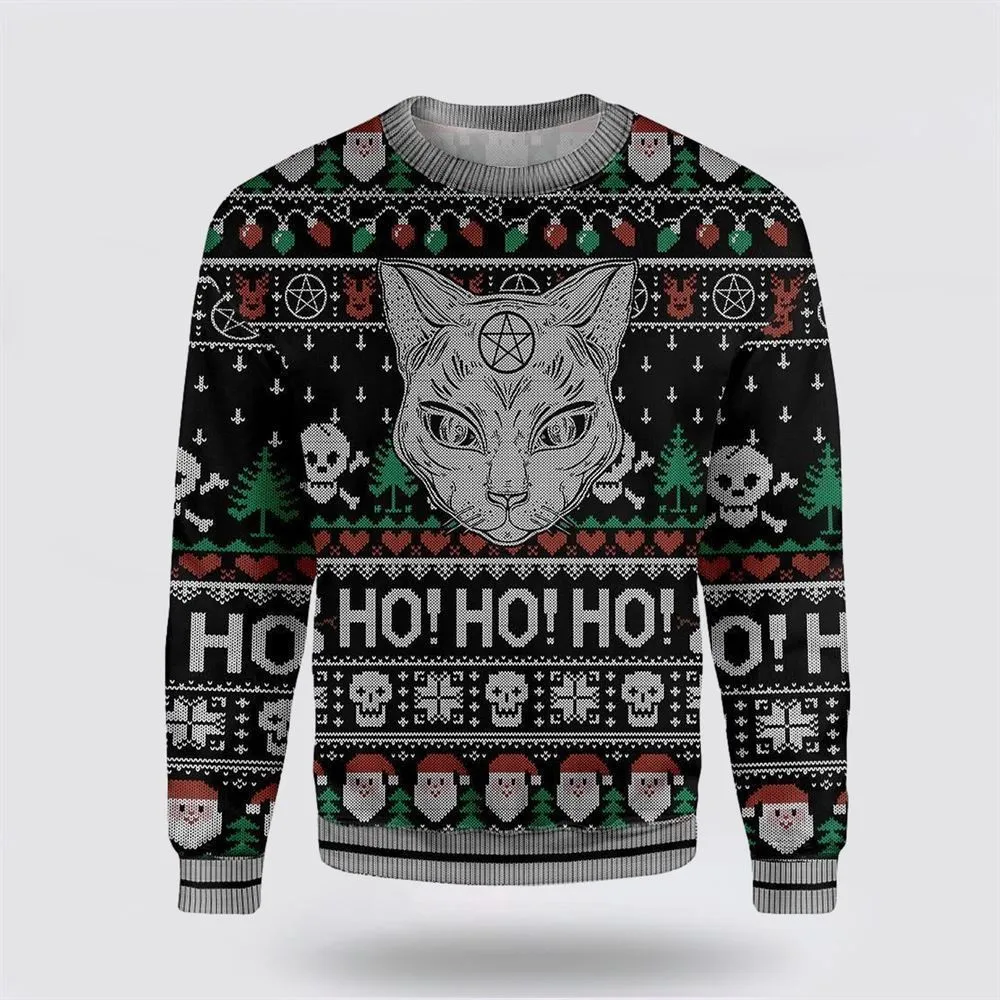 Cat Sweater Wicca Black Cat Ho Ho Ho Christmas Pattern Ugly Christmas Sweater For Men And Women, Best Gift For Christmas, Christmas Fashion Winter