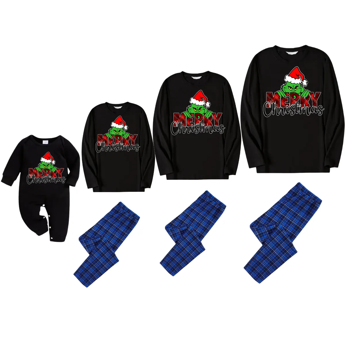 Christmas Cartoon Pattern and Merry Christmas Print Black Long Sleeve Top with Blue & Black Plaid Family Matching Pajamas