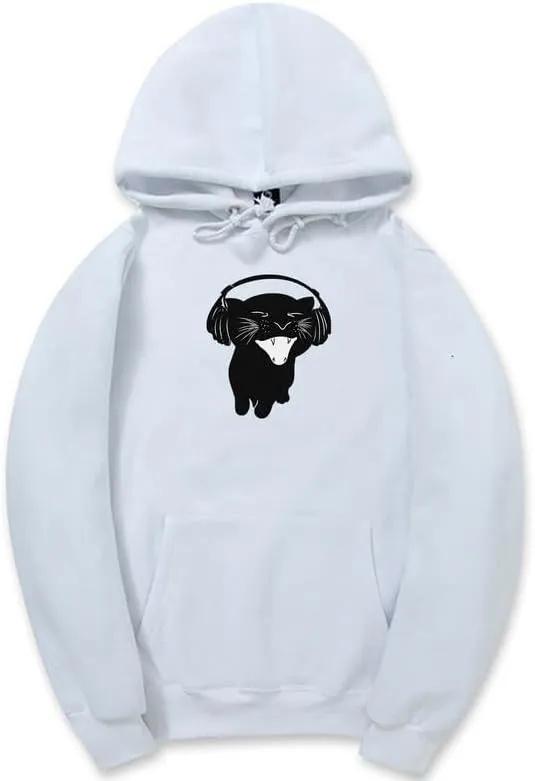 CORIRESHA Cute Cat Headphones Music Long Sleeve Drawstring Kangaroo Pocket Hoodie Sweatshirt