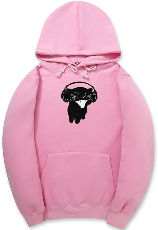 CORIRESHA Cute Cat Headphones Music Long Sleeve Drawstring Kangaroo Pocket Hoodie Sweatshirt