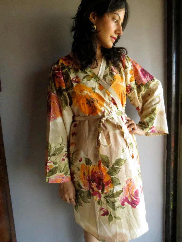 Cream Beige Floral Knee Length, Kimono Crossover Belted Robe