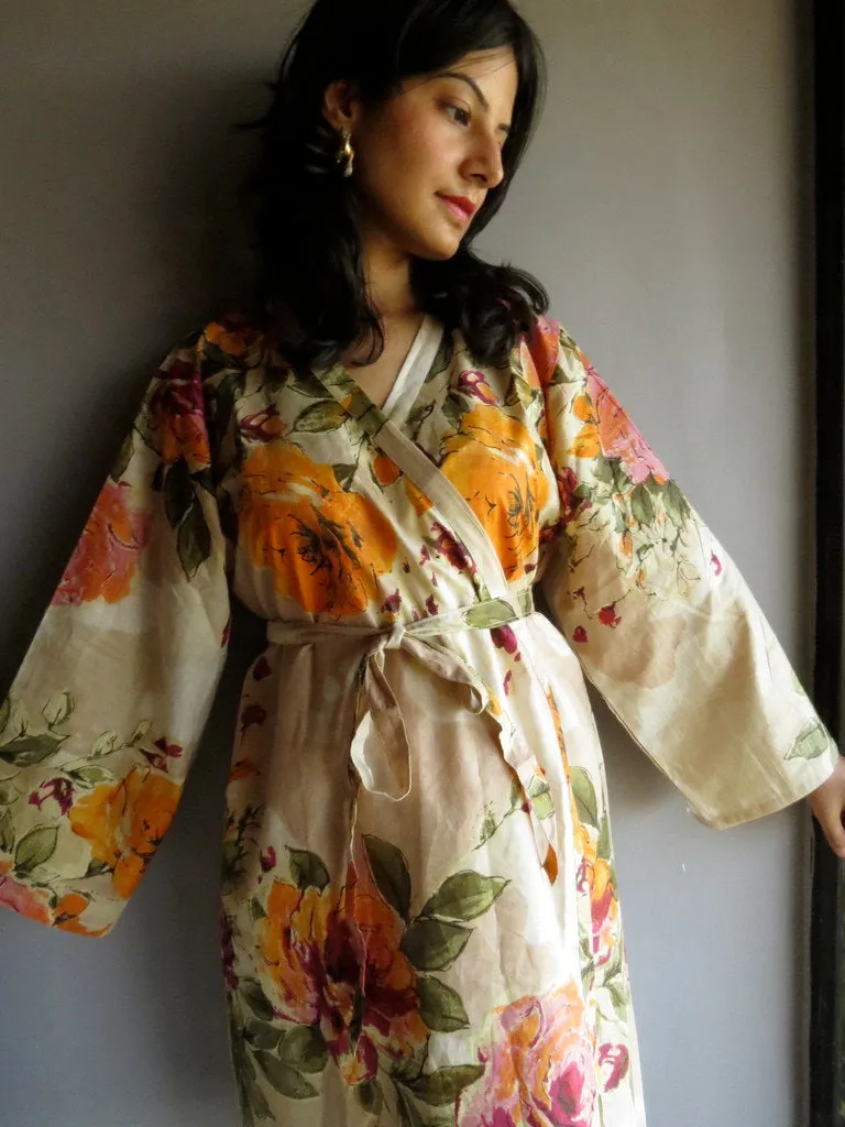 Cream Beige Floral Knee Length, Kimono Crossover Belted Robe