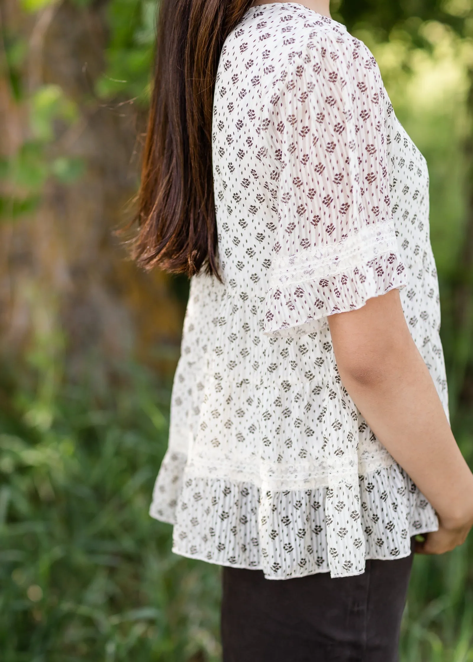 Cream Floral Print Lace Detail Top - FINAL SALE