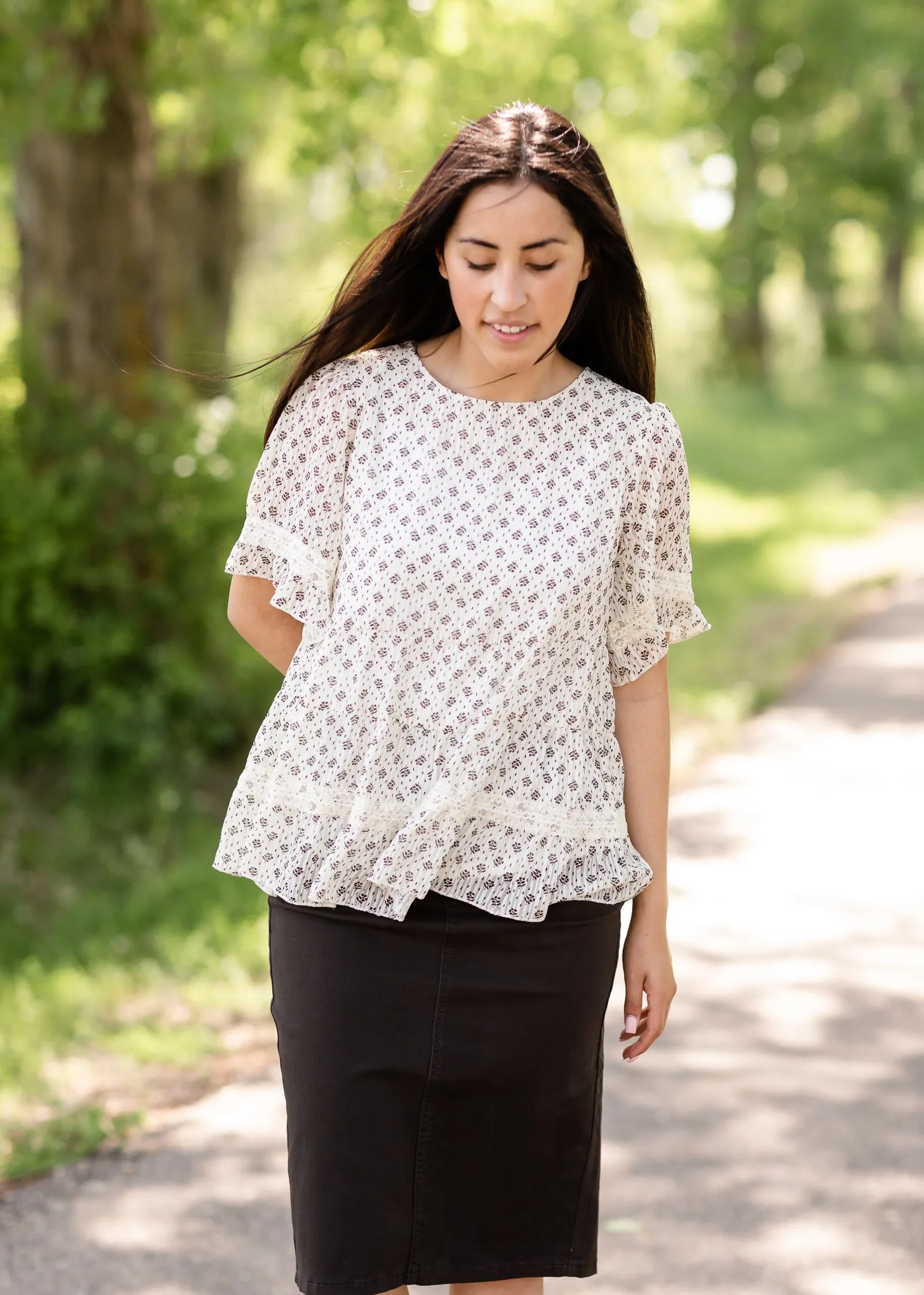 Cream Floral Print Lace Detail Top - FINAL SALE