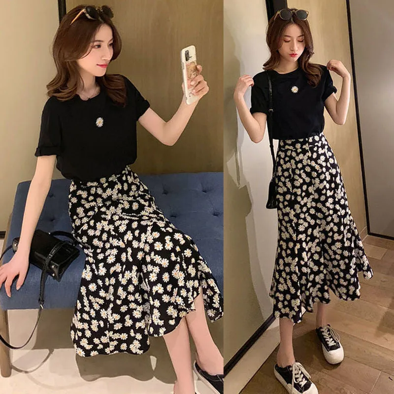 Daisy Sets Women Summer Western Hong Kong Elegant Matching Feminine Floral Mid-Length aTwo-Piece Skirt