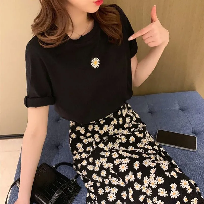 Daisy Sets Women Summer Western Hong Kong Elegant Matching Feminine Floral Mid-Length aTwo-Piece Skirt