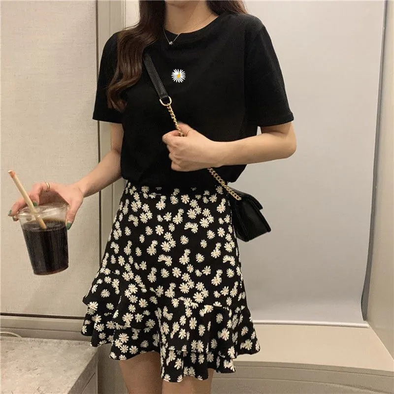 Daisy Sets Women Summer Western Hong Kong Elegant Matching Feminine Floral Mid-Length aTwo-Piece Skirt