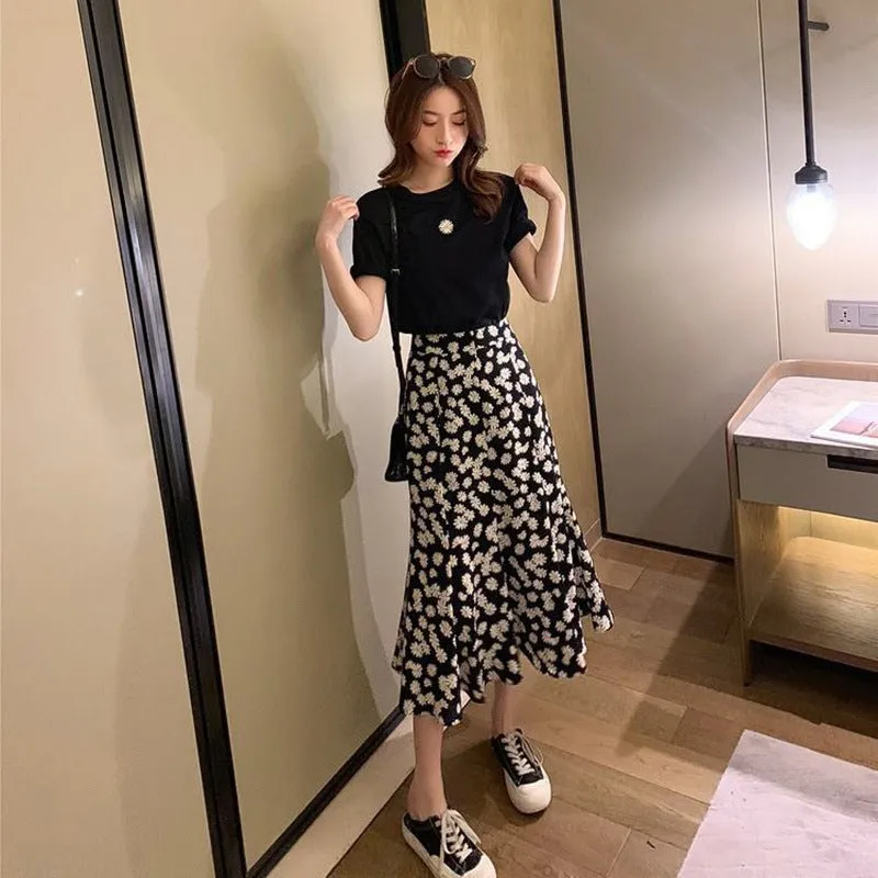 Daisy Sets Women Summer Western Hong Kong Elegant Matching Feminine Floral Mid-Length aTwo-Piece Skirt