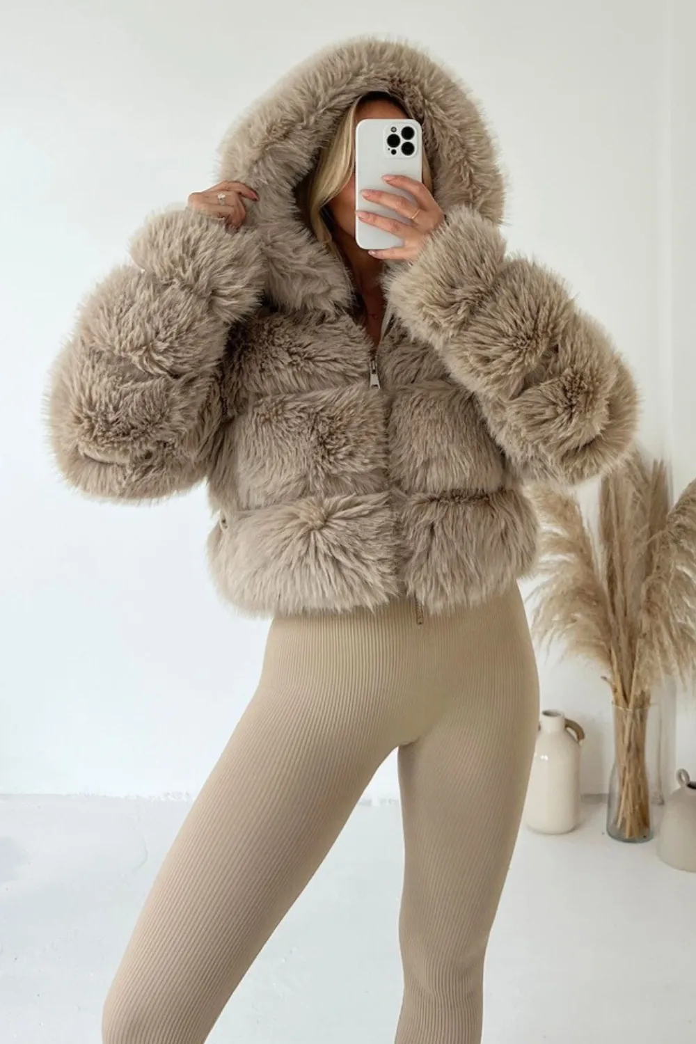 Danni beige hooded faux fur coat