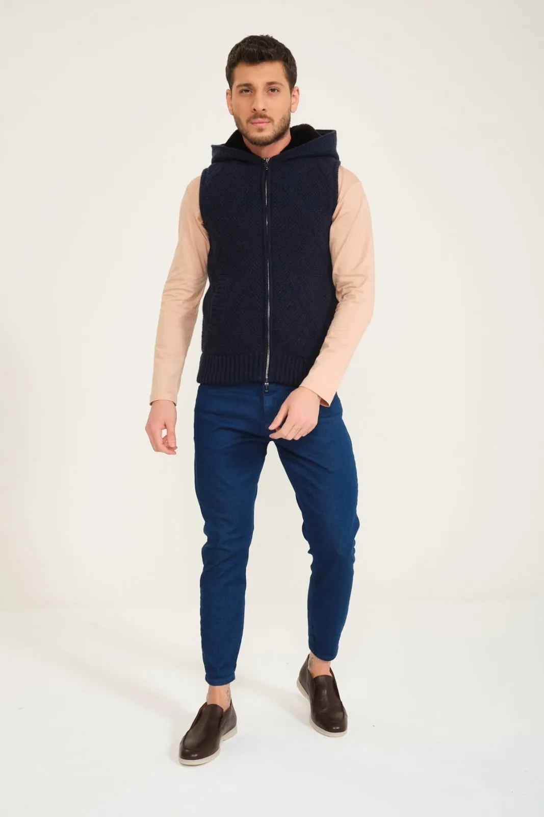 Dark Blue Wool & Rex Fur Knit Vest