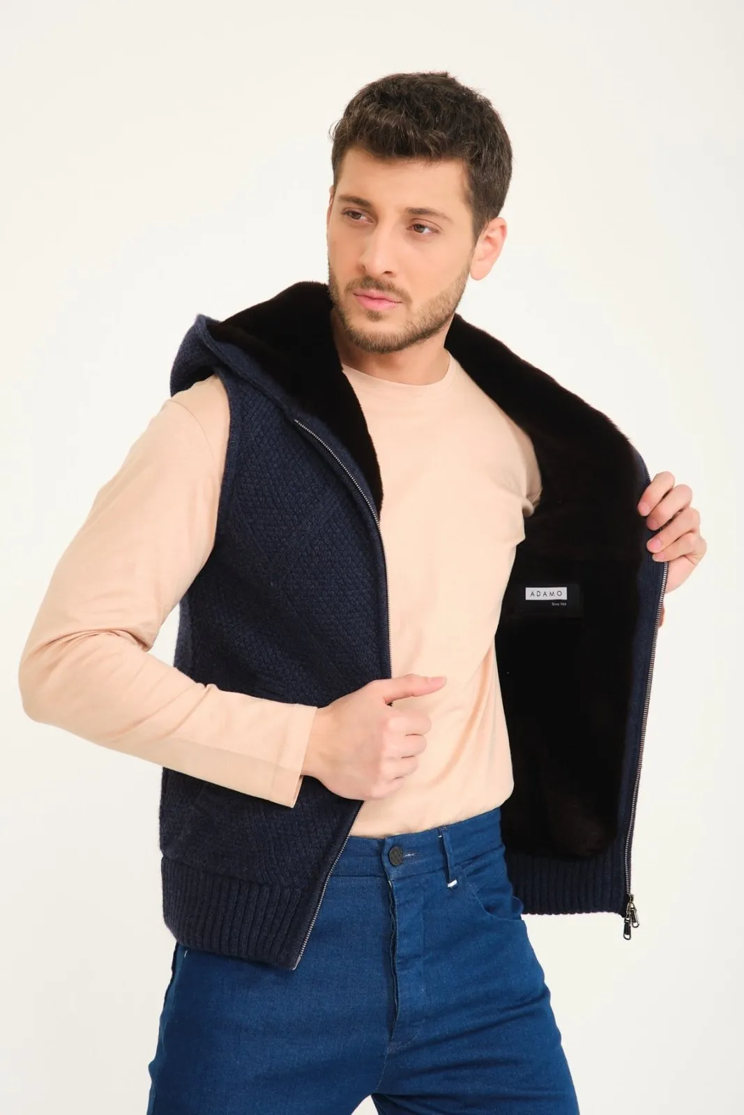 Dark Blue Wool & Rex Fur Knit Vest