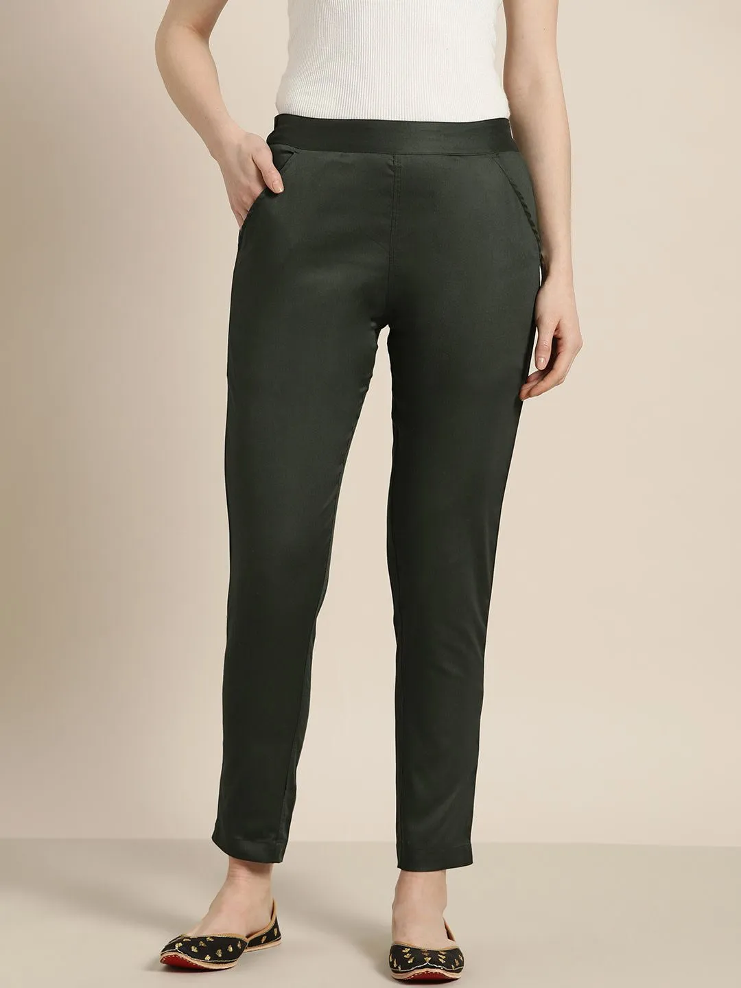 Dark Olive Green Cotton Lycra Pants