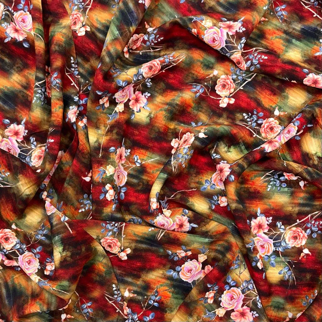 Digital Flower Bunches on Burnt Orange and Khaki Viscose Challis Fabric