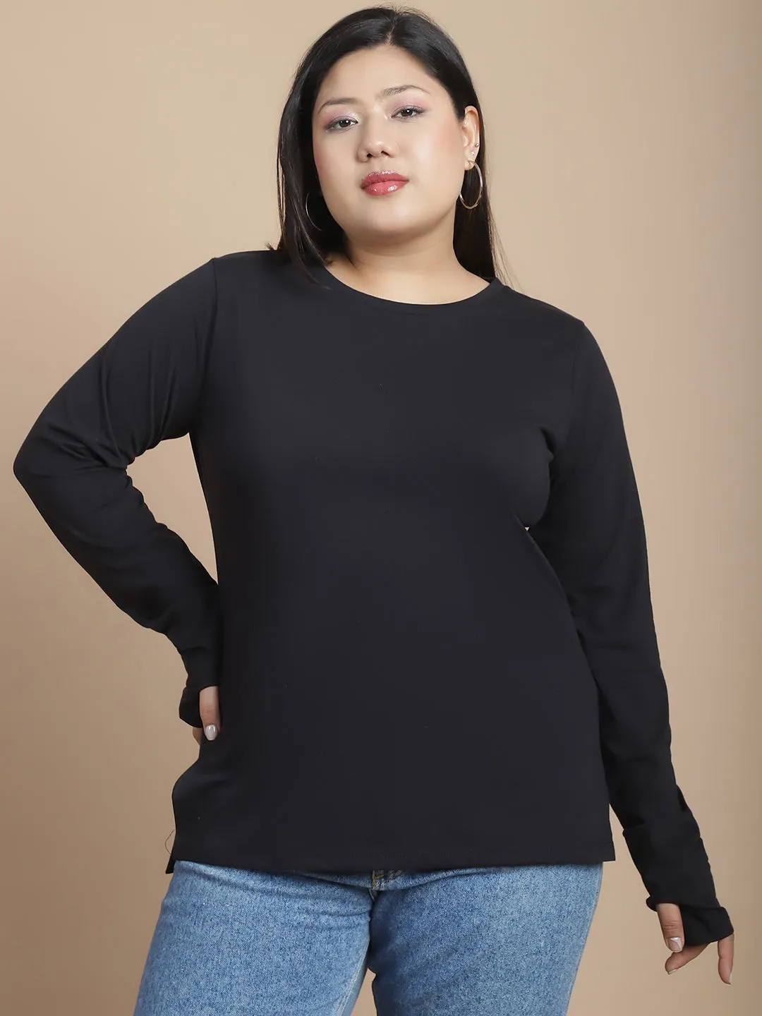 Effortless Elegance Women' Black Jersey Thumbhole Top