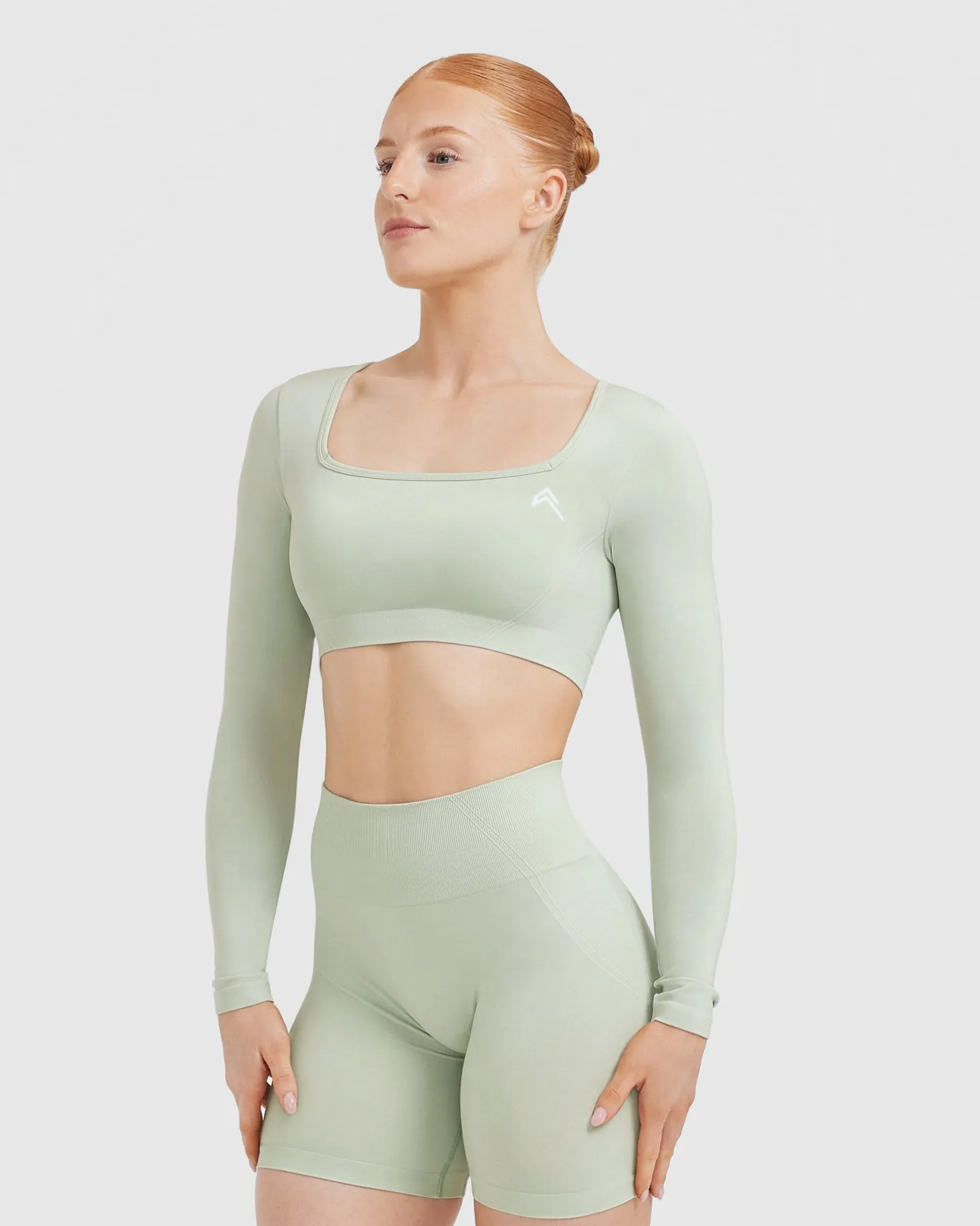 Effortless Square Neck Crop Long Sleeve Top | Tea Green