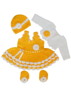 Elegant Style Crochet Handmade Baby Frock With Short Cardigan, Booties & Cap- Marigold & White