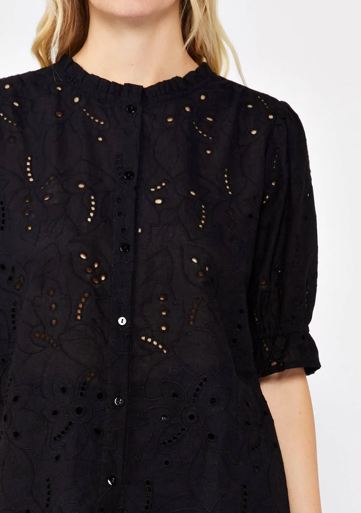 Embroidered Eyelet Cotton Summer Top: Black / M