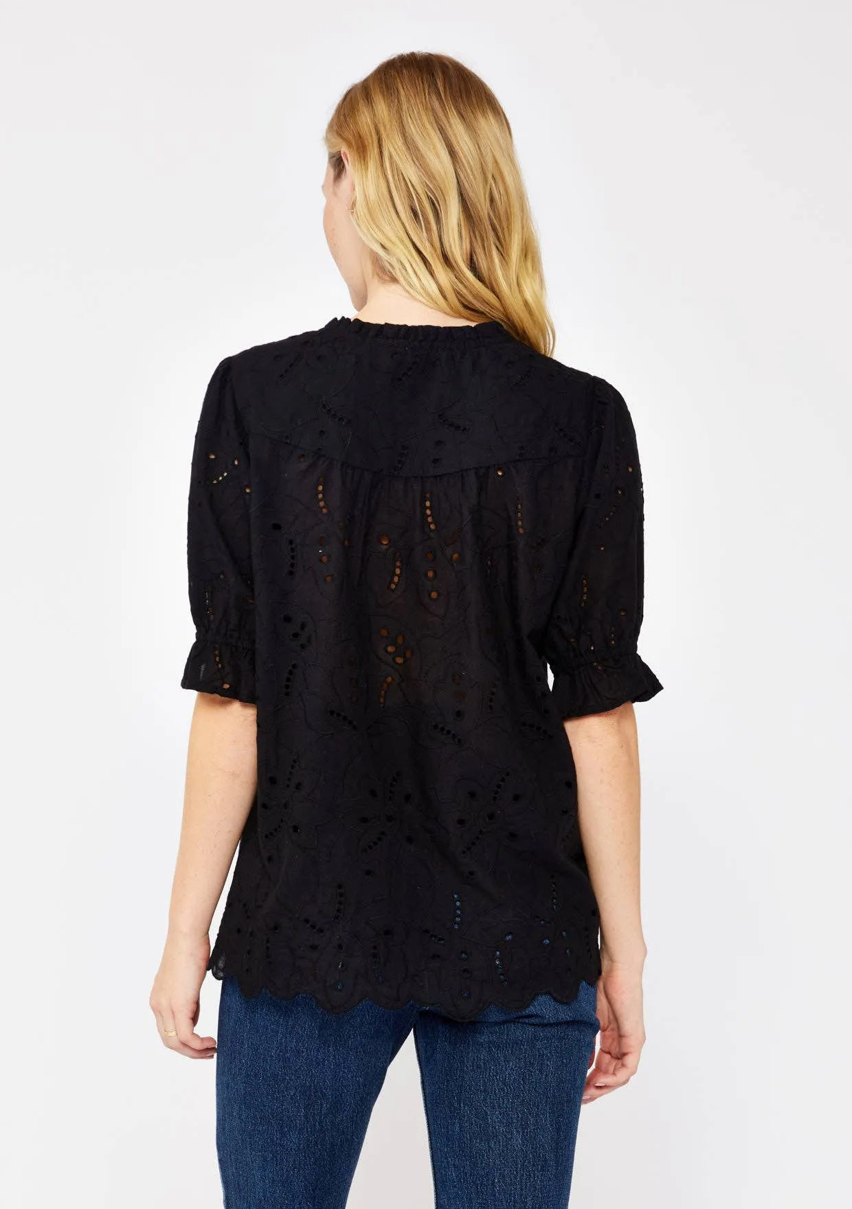 Embroidered Eyelet Cotton Summer Top: Black / M