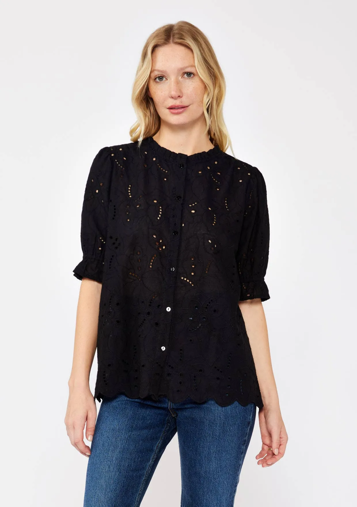 Embroidered Eyelet Cotton Summer Top: Black / M