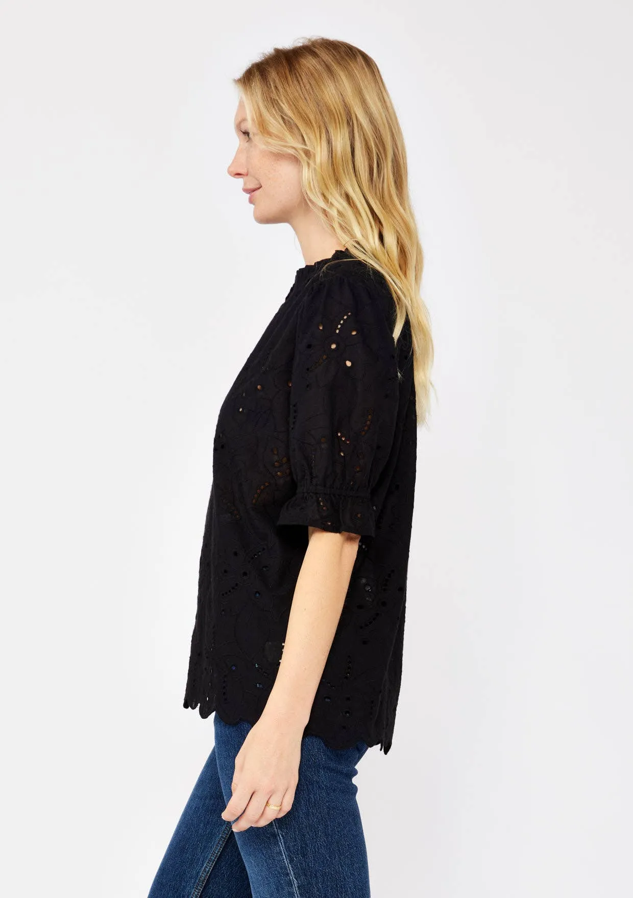 Embroidered Eyelet Cotton Summer Top: Black / M