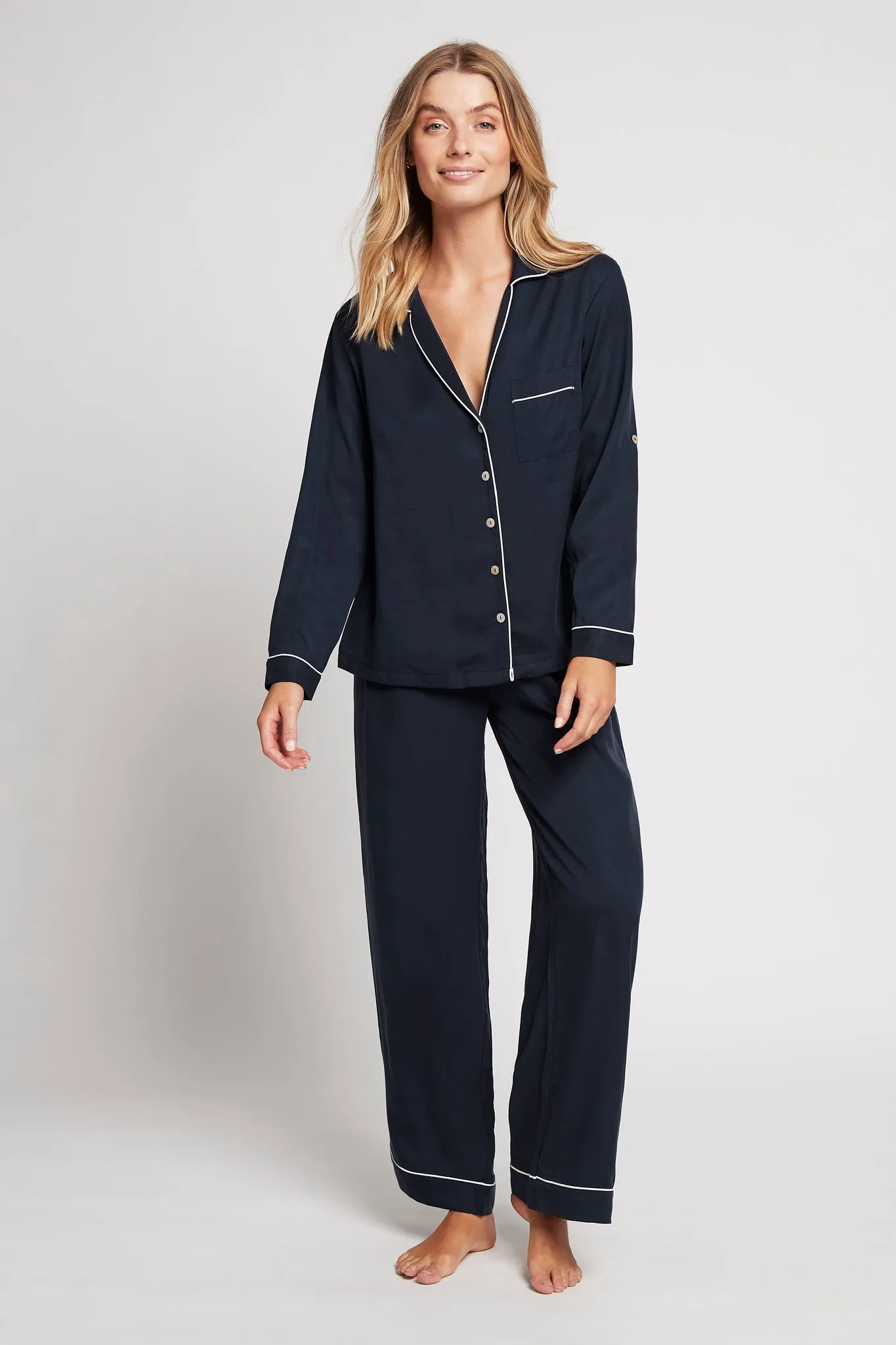 Eva Lounge Tencel™ Pyjama Set - Navy with White Piping