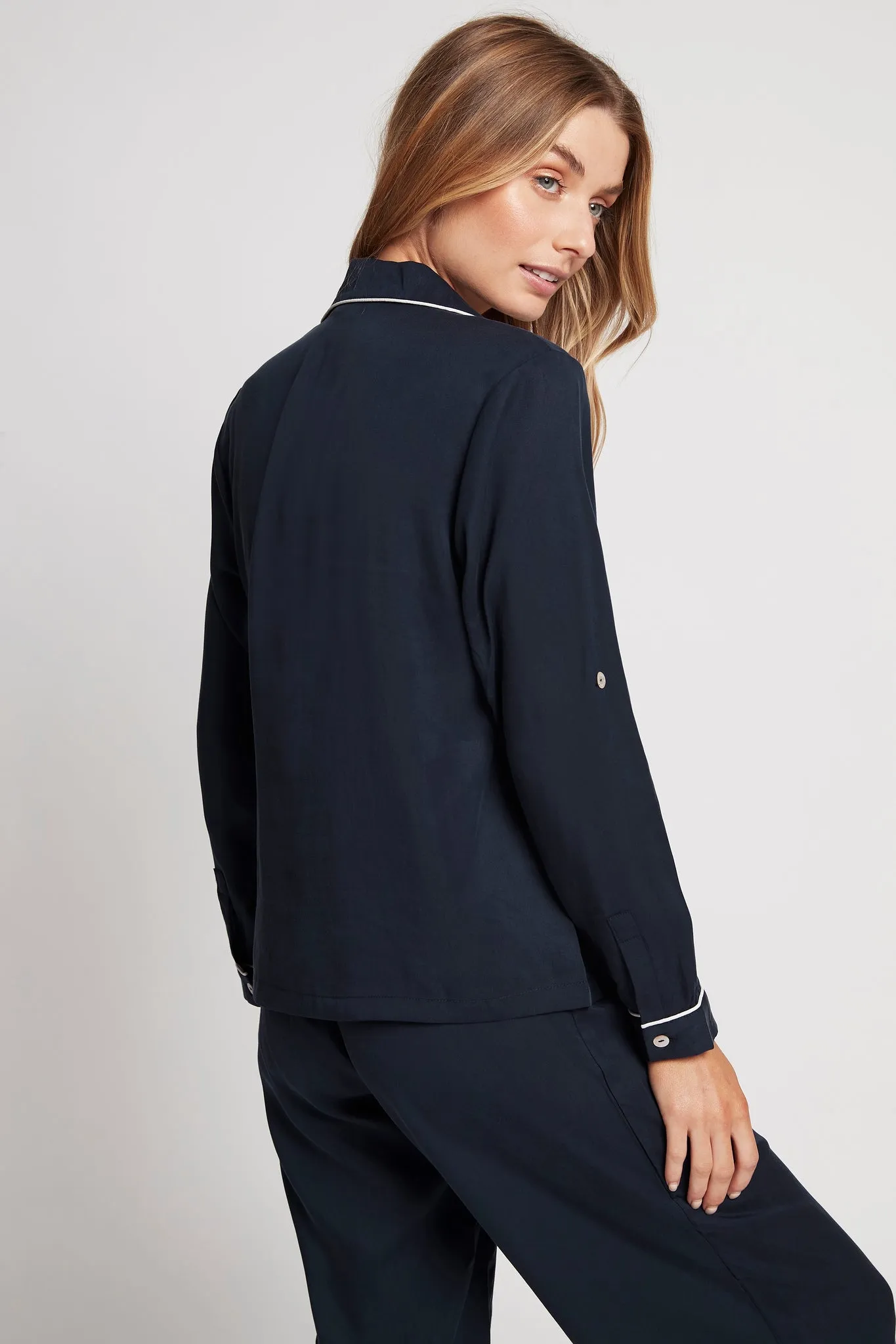 Eva Lounge Tencel™ Pyjama Set - Navy with White Piping