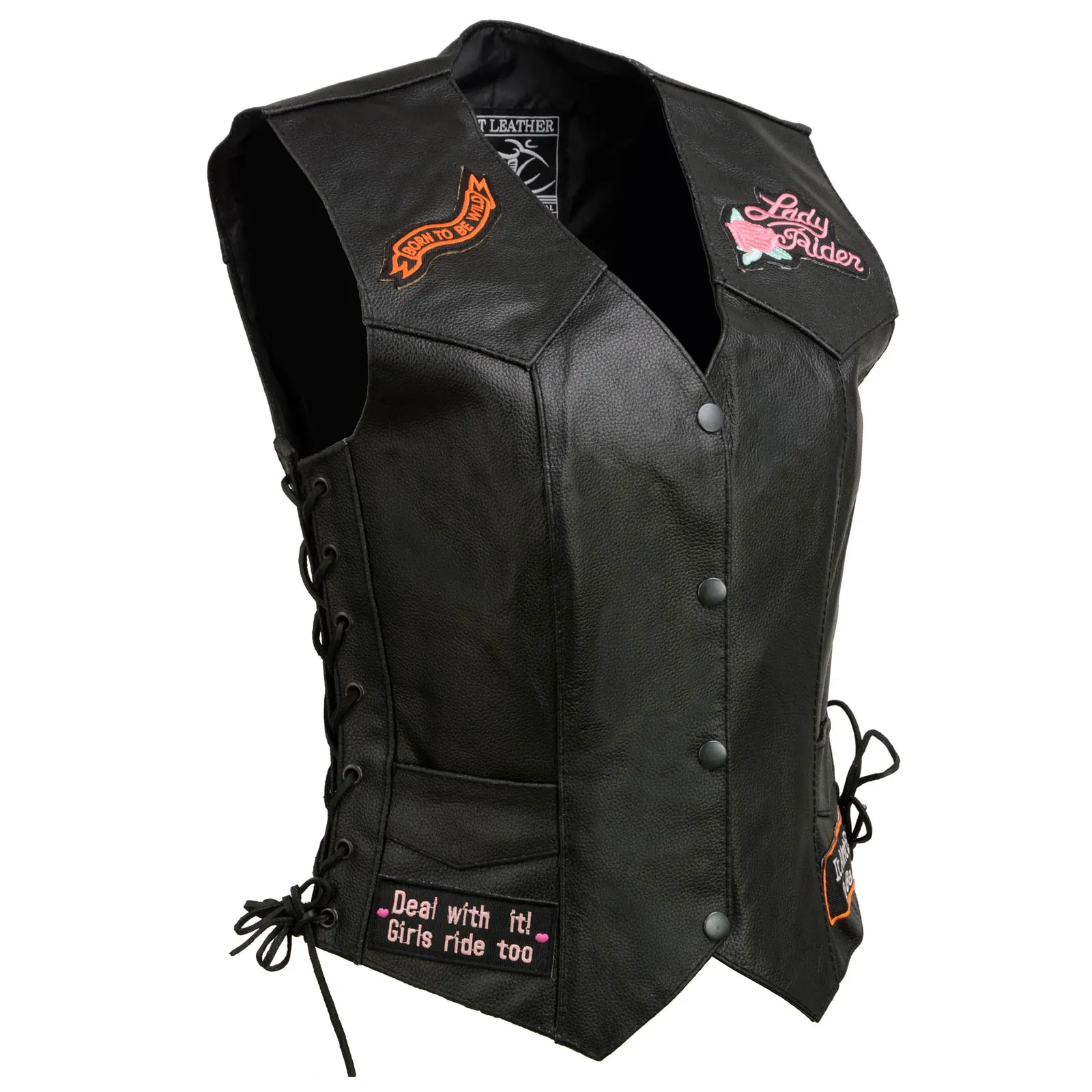 Event Leather ELL4900 Women’s 'Love to Ride' Black Leather Motorcycle Patched Embroidered Vests with Side Laces