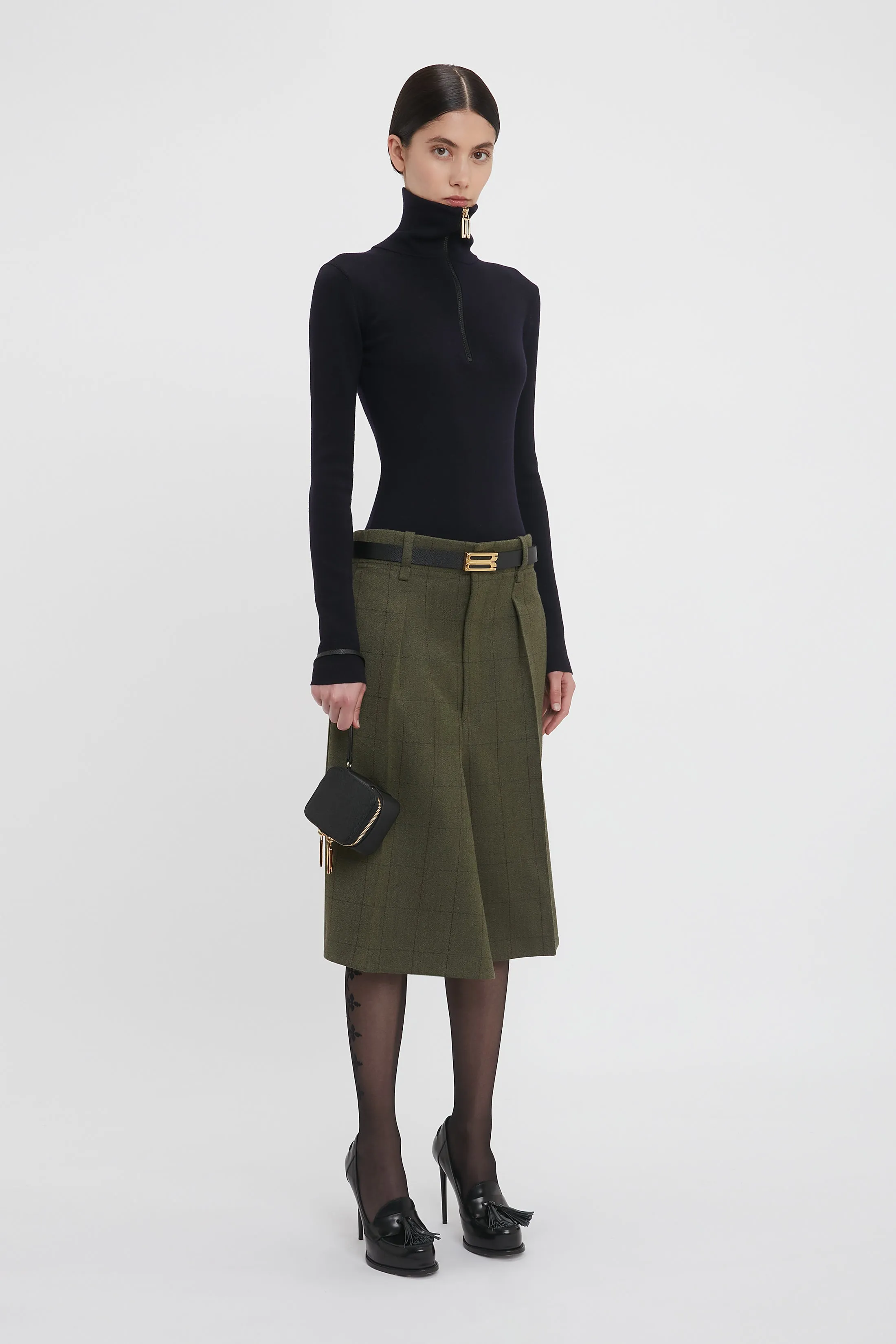 Exclusive Asymmetric Tailored Skirt In Dark Fern Check