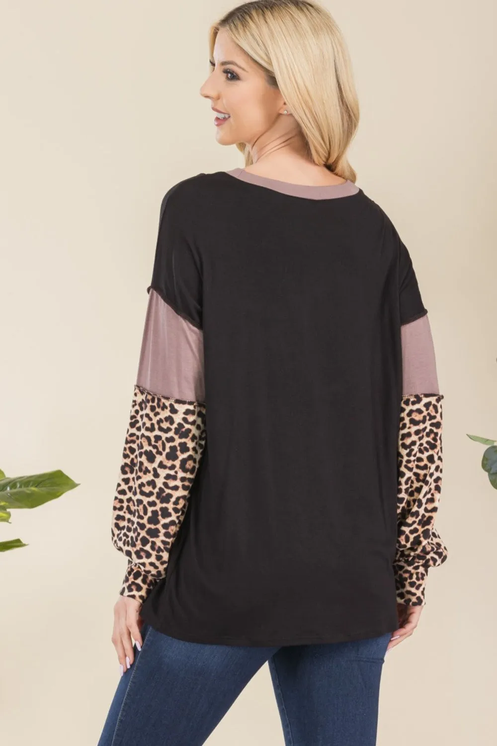 Full Size Leopard Color Block Exposed Seam T-Shirt