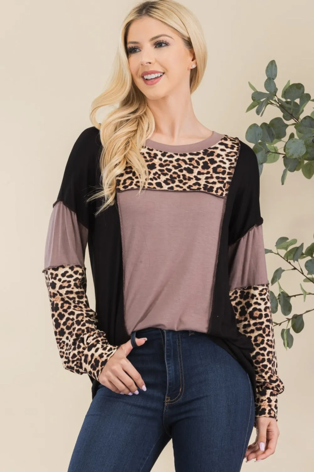 Full Size Leopard Color Block Exposed Seam T-Shirt