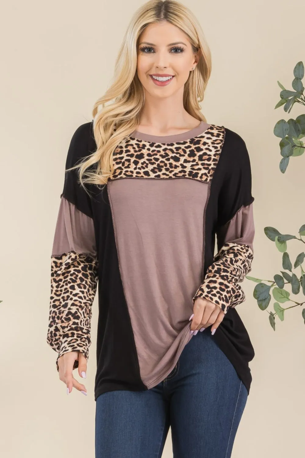 Full Size Leopard Color Block Exposed Seam T-Shirt