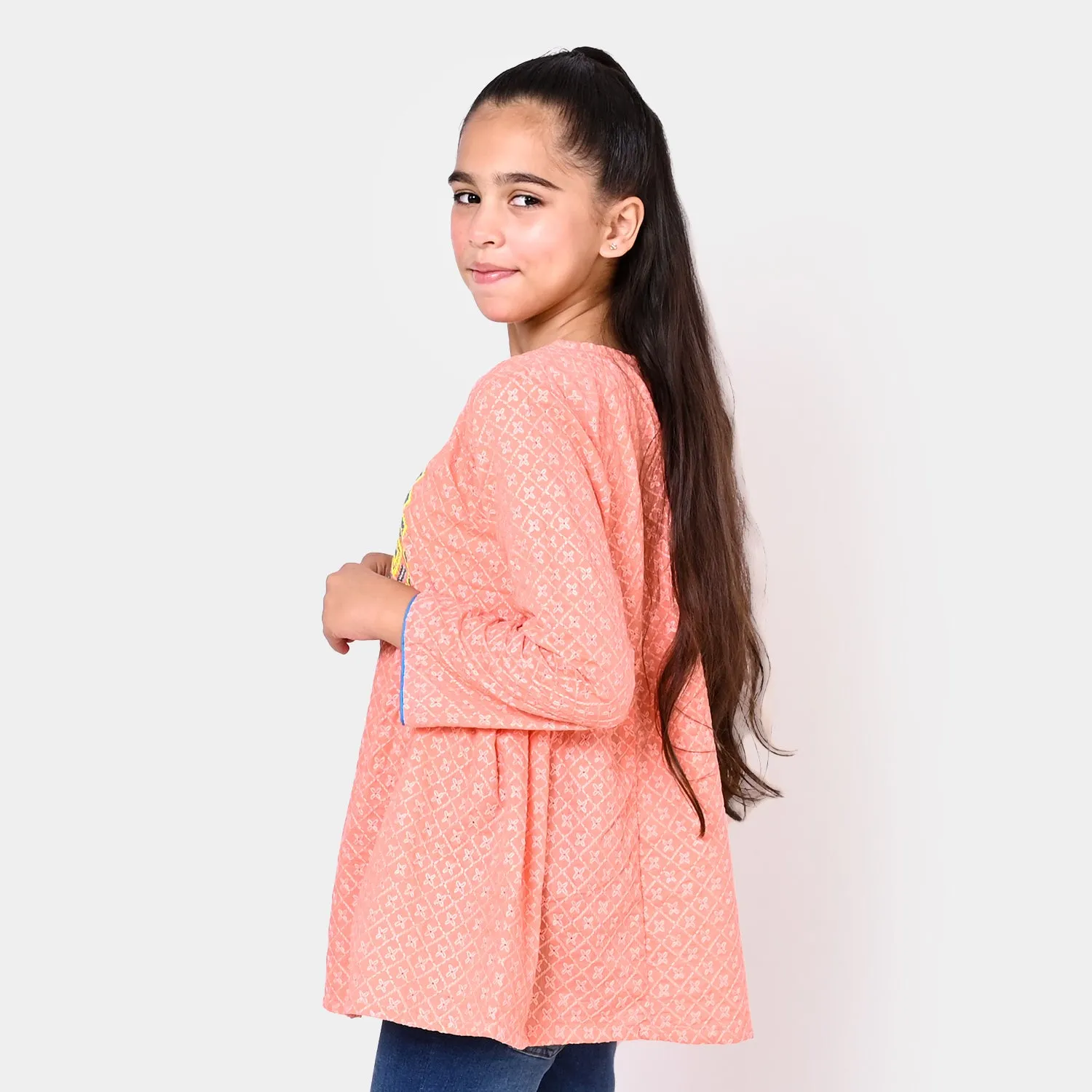 Girls Cotton Chicken Embroidered Top - Peach