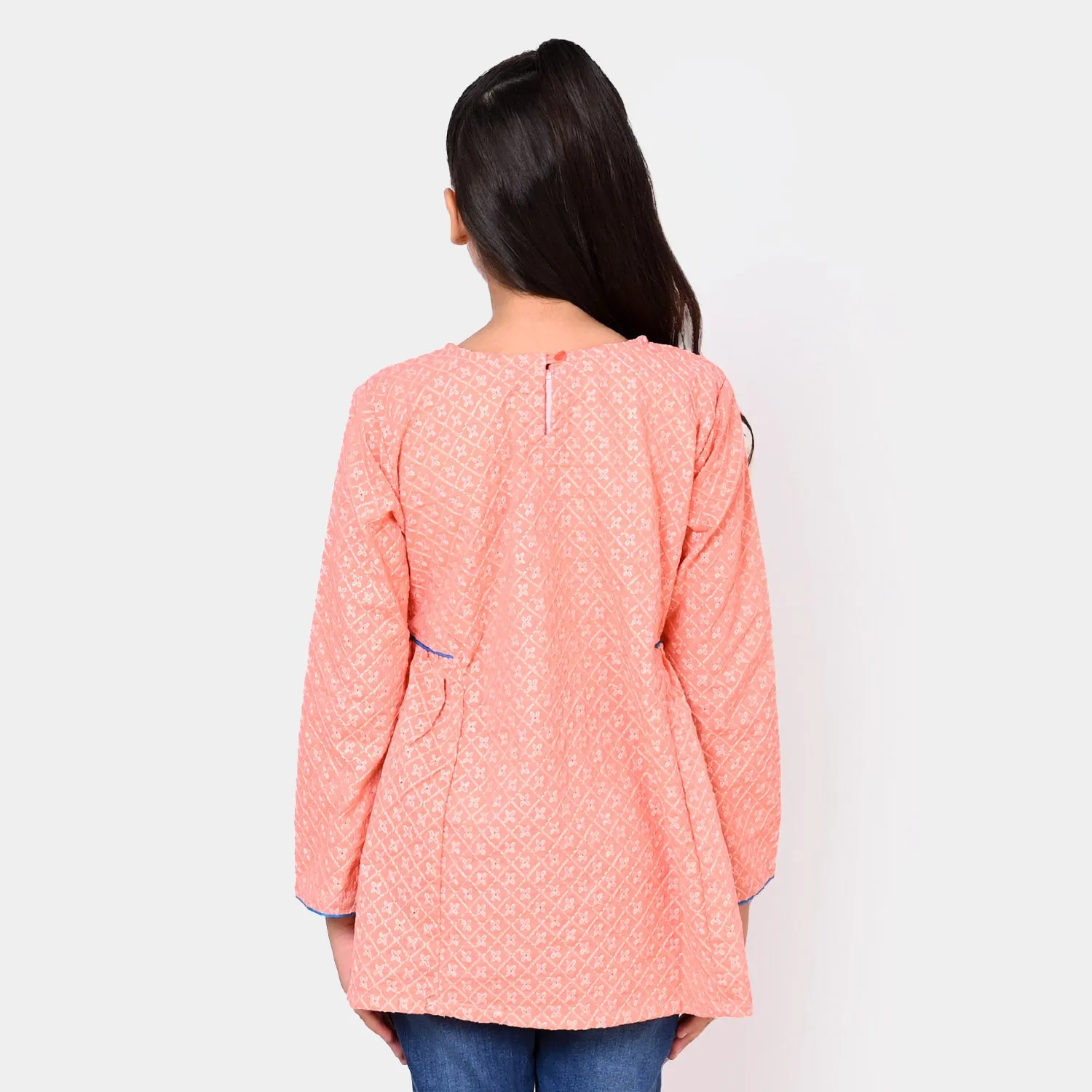 Girls Cotton Chicken Embroidered Top - Peach