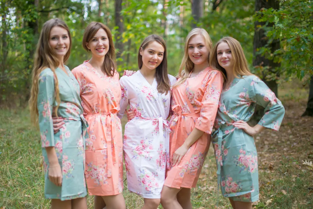 Grayed Jade & Peach Wedding Colors Bridesmaids Robes, Kimono Robes