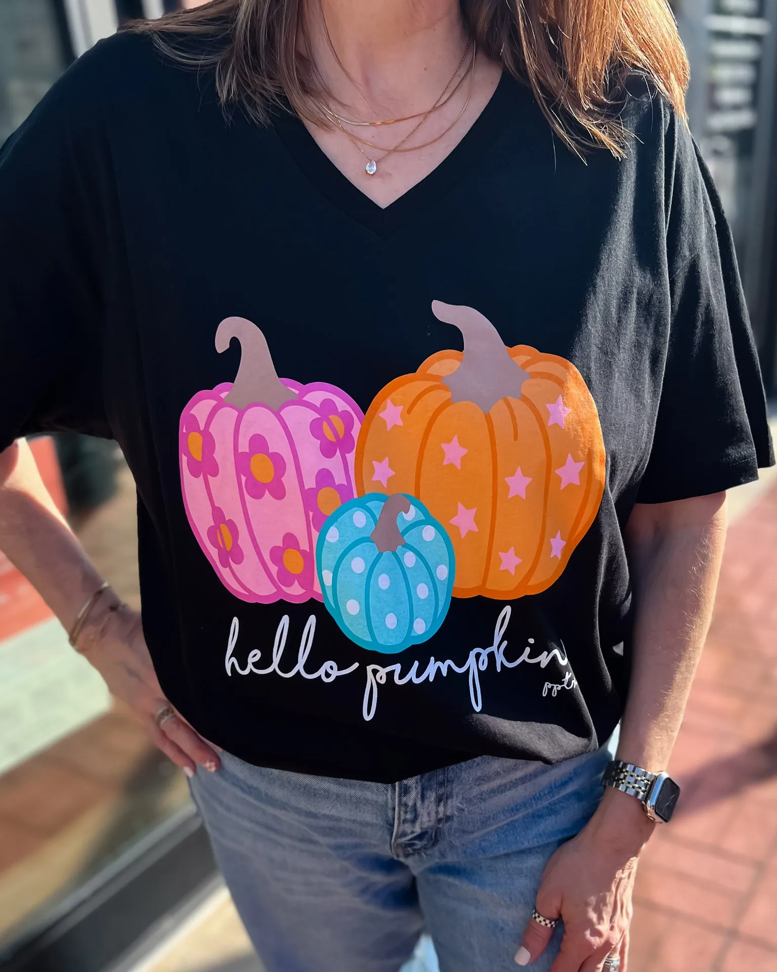 Hello Pumpkin V-Neck Graphic T-shirt