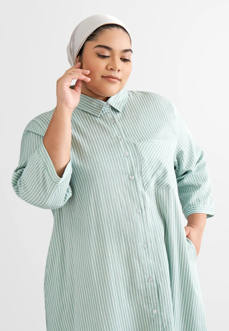 Leandra Stripes Long Shirt Dress - Green