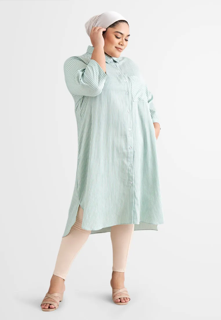 Leandra Stripes Long Shirt Dress - Green