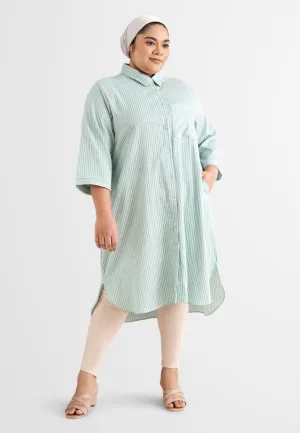 Leandra Stripes Long Shirt Dress - Green