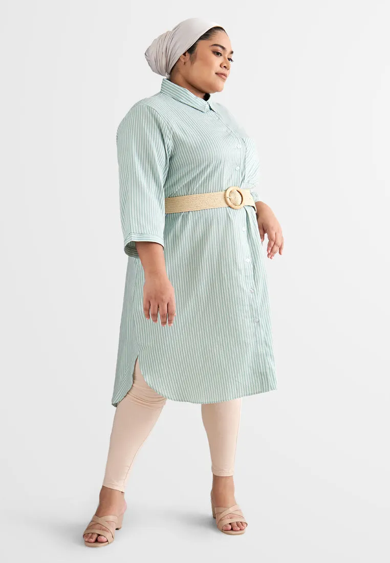 Leandra Stripes Long Shirt Dress - Green