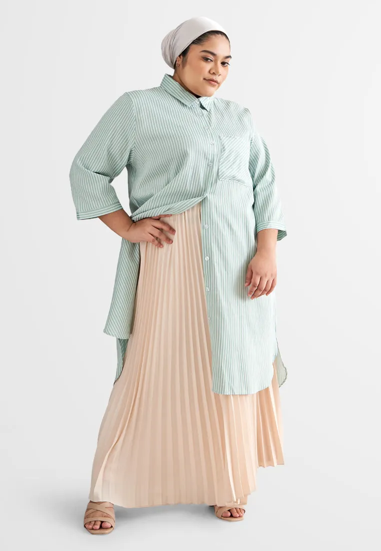 Leandra Stripes Long Shirt Dress - Green